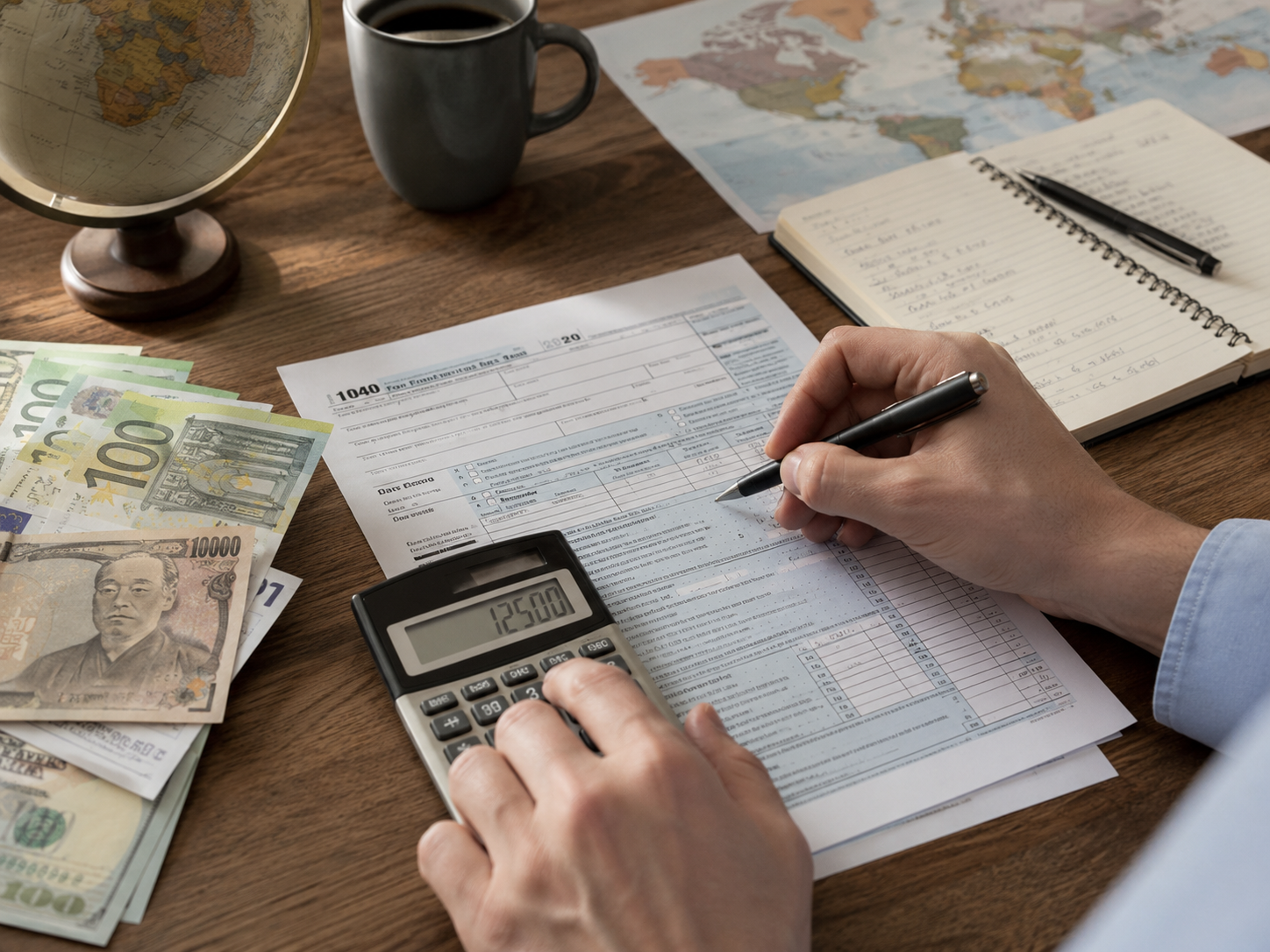 U.S. tax forms with calculator and pen