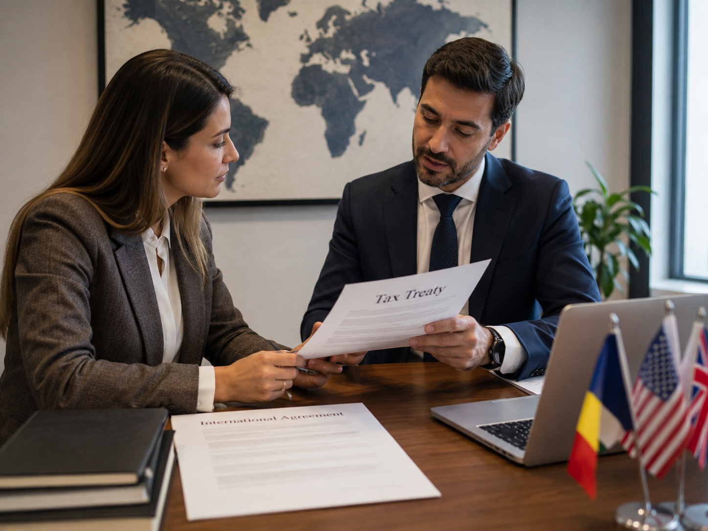 Tax documents, phone calculator and coffee on a desk