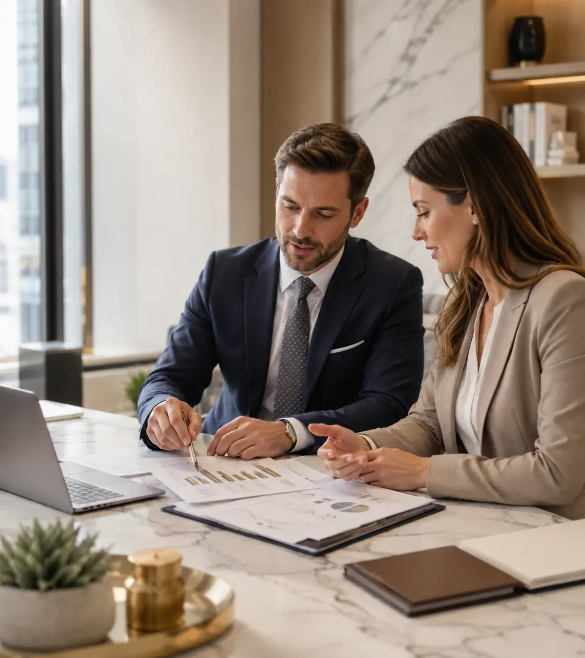 Two advisors reviewing financial charts and data in a professional setting
